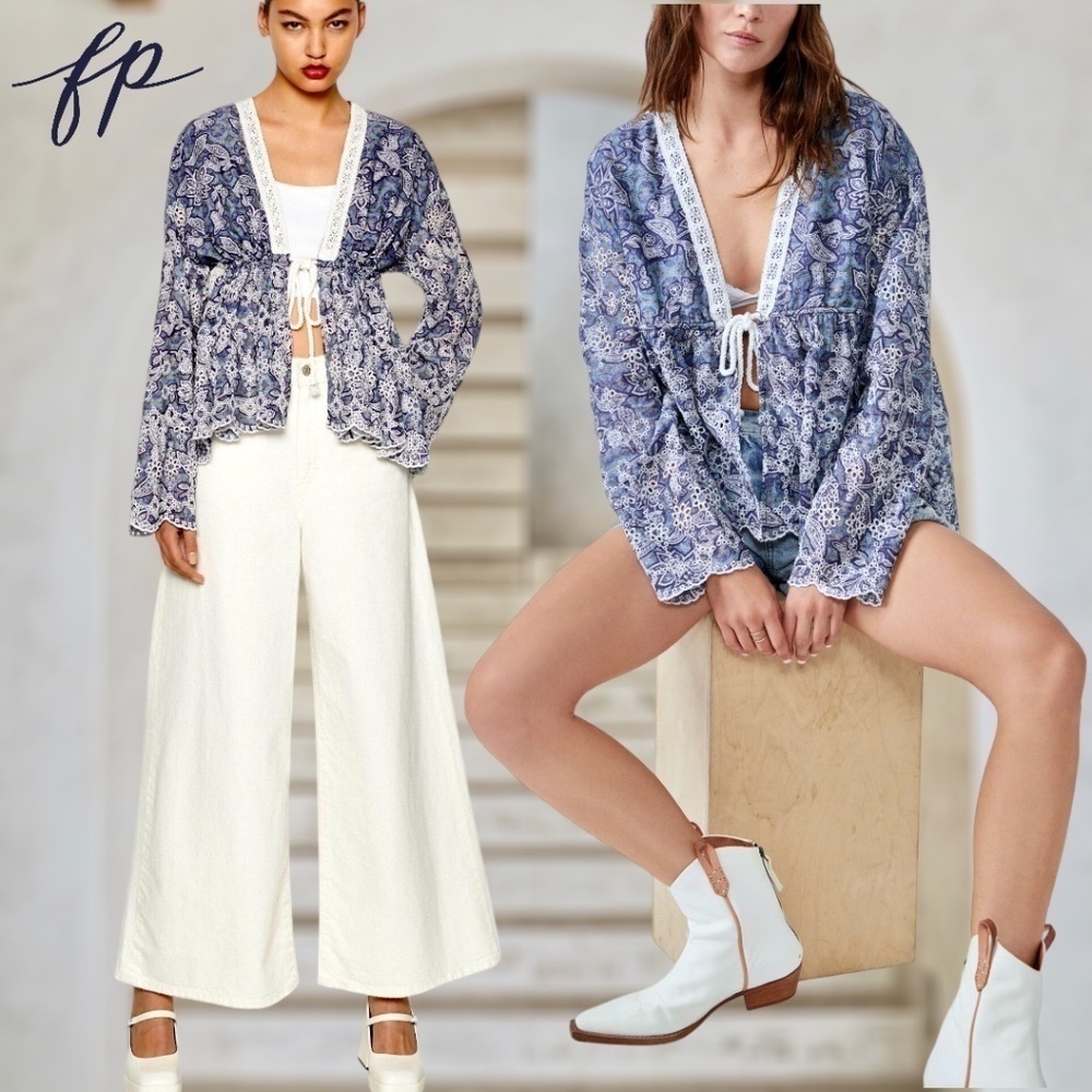 FREE PEOPLE NWT Anissa Floral-Print Eyelet/Embroidered Tie-Front Bed Jacket/Lg - Picture 9 of 14